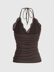 ROMWE PUNK Contrast Lace Halter Top - Chocolate Brown - View 2
