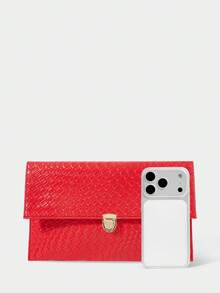 SHECARRY Tas Clutch Wanita Modis, Elegan, Sederhana, Klasik, Serbaguna, Warna Merah, Bahan PU Anyaman Timbul, Cocok untuk Kencan Sehari-hari, Pesta, Perjalanan, dan Minum Teh Sore. - Fiery Red - View 4