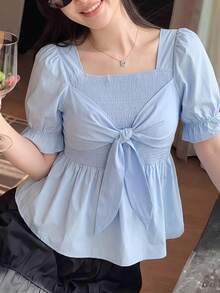 Bijouette 女款大尺碼淺藍色抽褶綁帶袖口鬆緊喇叭袖襯衫，柔軟風格，適合通勤、約會、約會之夜，夏季可愛華麗 - 藍色 - 查看 15