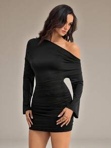 SHEIN Tall Women's Fashion Sexy Solid Color Asymmetric Neck Mini Dress - Black - View 7