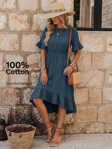EMERY ROSE 1pc Flounce Sleeve Ruffle Hem Dress - Teal Blue - View 3
