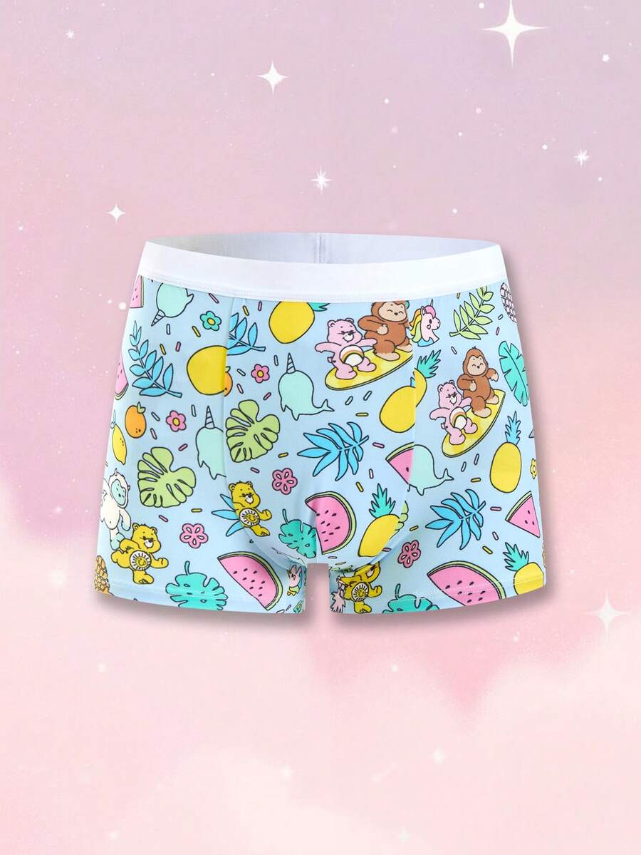 SHEIN X Care Bears 男士熱帶植物印花休閒四角內褲 - 藍色 - 查看 1