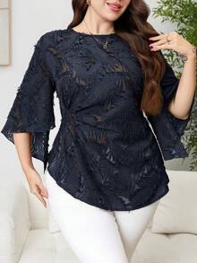 Reflora Plus Size Elegant Commuter Solid Color Cut-Out Blouse - Navy Blue - View 3