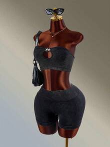 Amplova Ensemble de sport pour femmes avec top bandeau et short à design de patch métallique - Noir - Voir 12