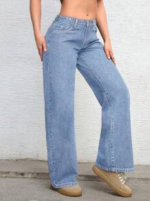 Jeanoix Celana Jeans Cowgirl Plus Size Wanita Model Y2K Denim Musim Panas Biru Tanpa Peregangan, Potongan Lebar - Light Wash - View 6