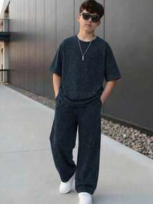 SHEIN 青少年男孩夏季休閒T恤與長褲套裝 - 藍色 - 查看 1