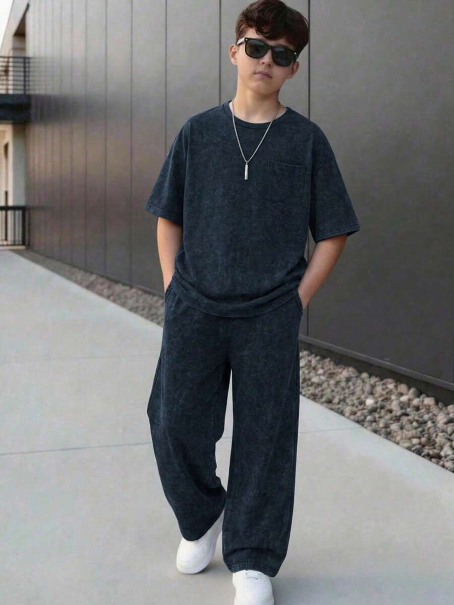 SHEIN 青少年男孩夏季休閒T恤與長褲套裝 - 藍色 - 查看 1