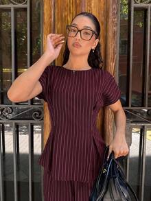 Siren Gaze 女款條紋圓領短袖上衣與長褲休閒優雅兩件套 教師節辦公穿搭 酒紅色 秋季 - 酒紅色 - 查看 5