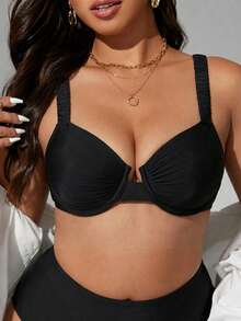 Swim Mod Top de bikini con lazo en la espalda, de unicolor y estilo dulce para mujer de talla grande - Negro - Ver 3