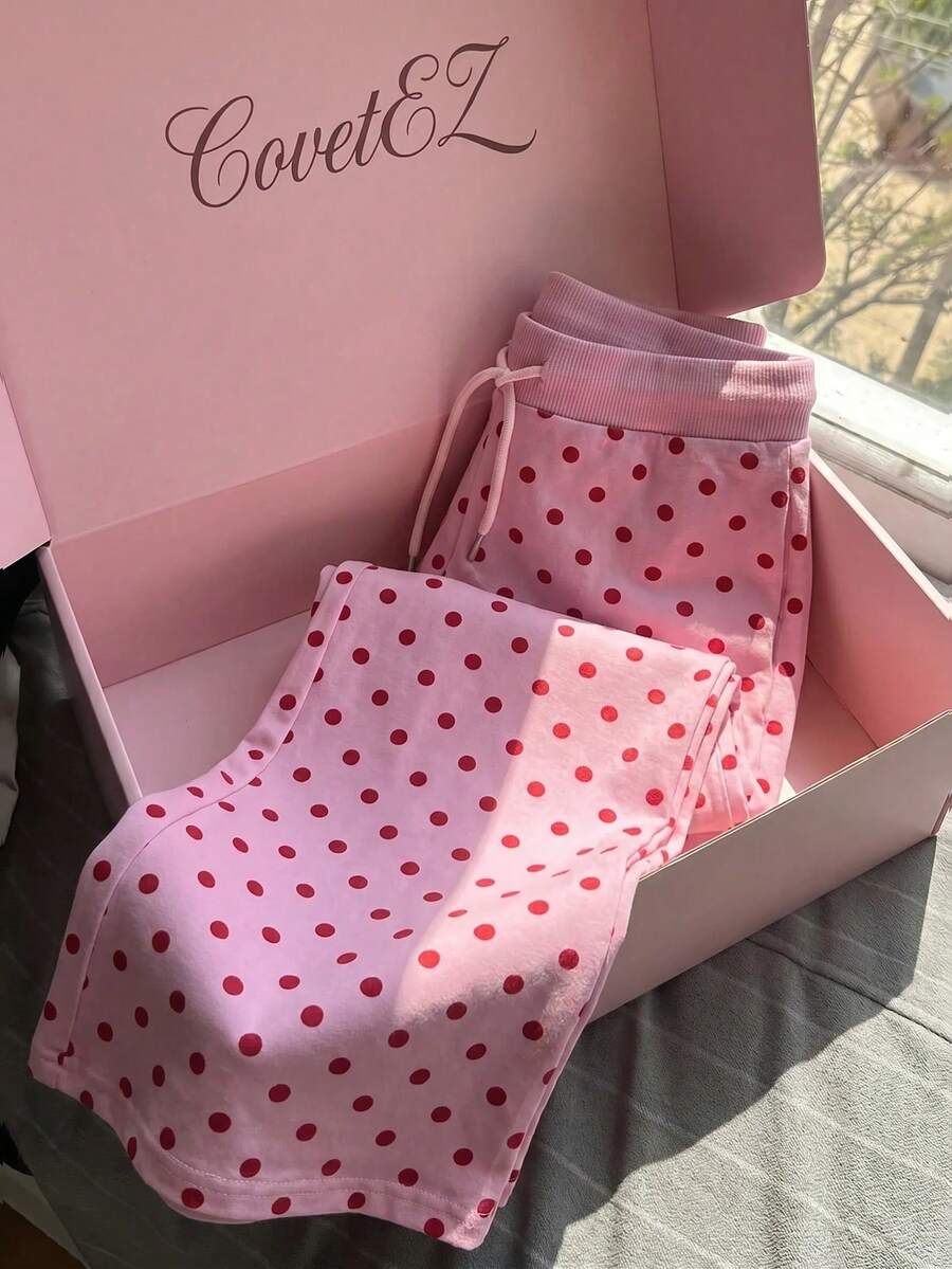 CovetEZ 女款波點印花抽繩腰休閒喇叭褲 - 粉色 - 查看 1