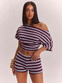 SHEIN BAE 女款條紋拼接不對稱單肩上衣與短褲休閒日常兩件套 - 酒紅色 - 查看 8