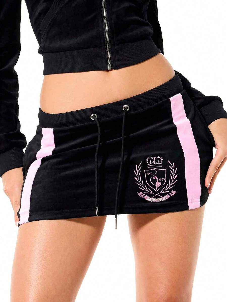 BABYPHAT 女款字母印花拼色休閒百搭日常裙 - 黑色 - 查看 1