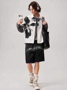 Men's Contrast Color Waistband Embroidered Text Casual Pocket Shorts, Holiday - Black - View 7