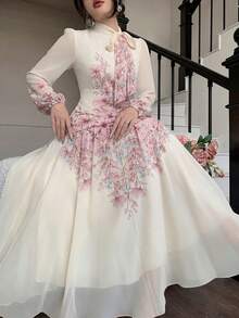 Modelyn 女士系带腰部褶皱印花长袖连衣裙 - 粉色 - 查看 8