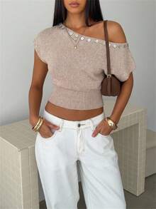 Aloruh Women's Elegant Off-Shoulder Waist-Cinching Short Sleeve Knit Sweater - Apricot - View 3