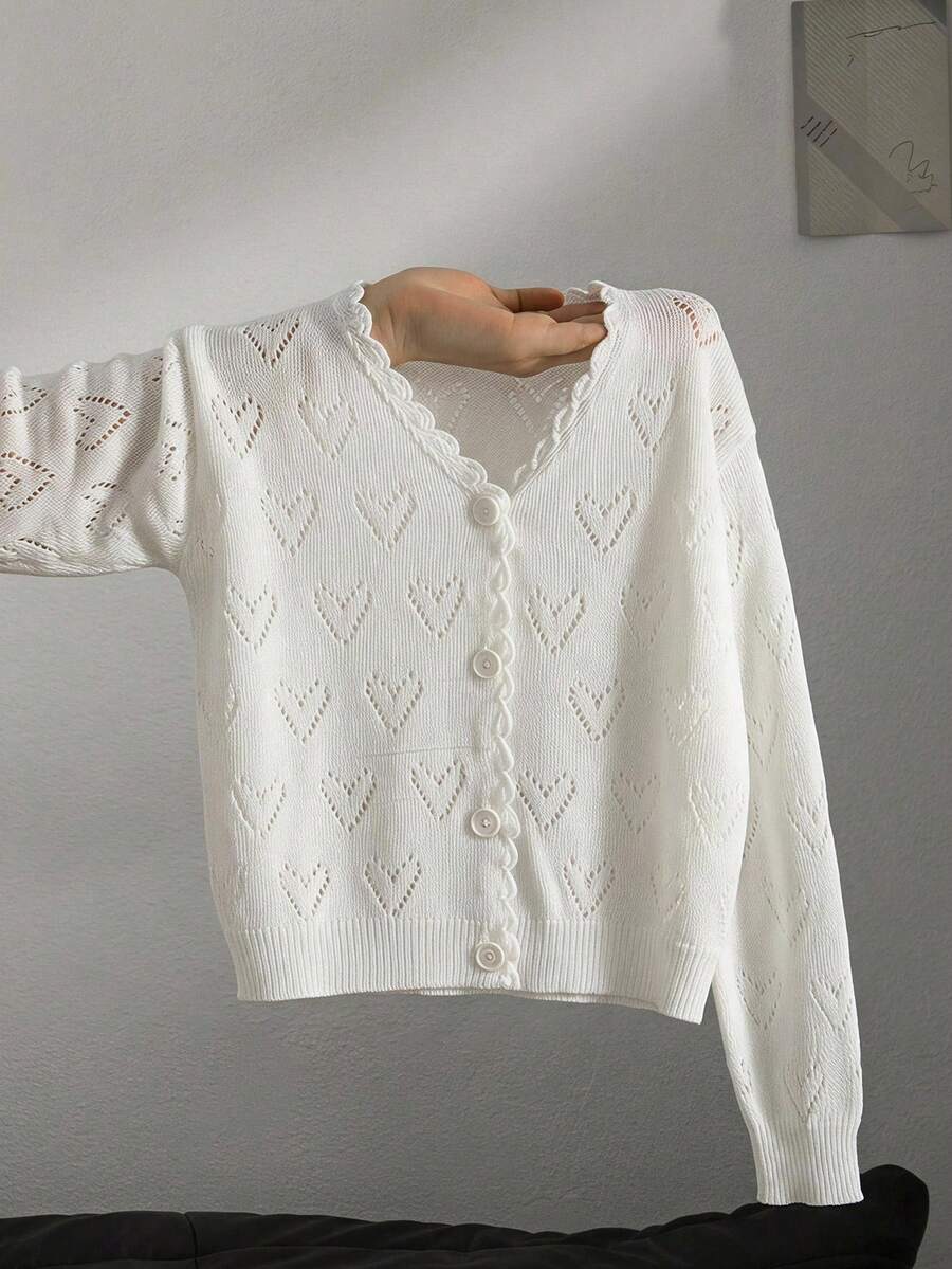 SHEIN Young Girl Solid Color Heart Pattern V-Neck Casual Cardigan - White - View 1