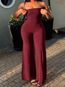 INAWLY Plus Size Summer Fashion Solid Color Strapless Jumpsuit - Burgundy - View 1