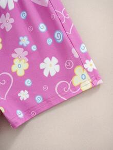 LOONEY TUNES X SHEIN Baby Girl Cartoon Print Round Neck Tank Top And Floral Print Shorts Set - Pink - View 7