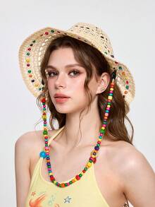 ROMWE Fairycore 1pc Fashionable Breathable Colorful Wooden Bead Hollow Wide Brim Sun Hat, Foldable Bucket Hat For Women,Summer,Beach - A - View 1