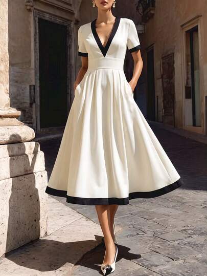RosyDaze Women's Urban Elegant V-Neck Full Skirt Black & White Color Block Dress