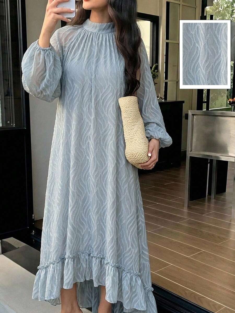 Solavon 女款優雅阿拉伯風洋裝,立領設計,插肩燈籠袖 - 藍色 - 查看 1