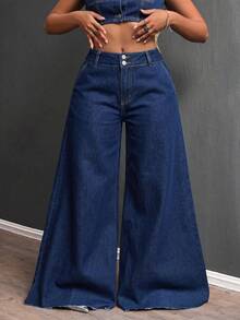 SHEIN ICON 大尺碼女款鈕扣休閒百搭日常穿著寬腿牛仔褲 - 藍色 - 查看 1