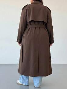 SHEIN Tall CURVE Plus Size Tall Women's Brown British Style Elegant Retro Double Breasted Autumn Warm Tie Collar Long Trench Coat Formal Office Airport Teachers' Day - Coffee Brown - View 7