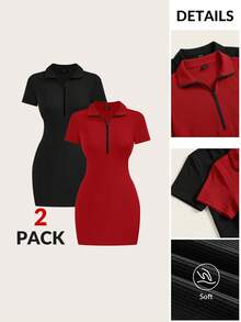 SHEIN BASICS 2件組女款純色針織 Polo 領半拉鍊迷你洋裝，適合夏季校園、城市旅行、度假，黑色與深紅色，運動休閒街頭風 - 紅色 - 查看 10