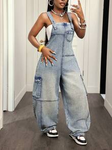 Slaydiva Women's Denim Cargo Pocket Super Loose Overalls - Blue - View 5