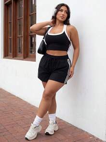 Slayform Women's Plus Size Striped Colorblock Drawstring Waist Sports Shorts - Black - View 6