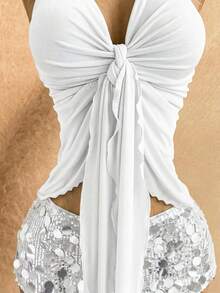 Soleia Women's Sexy Solid Color Halter Neck V-Neck Knot Asymmetrical Hem Tank Top Beach White Summer - White - View 4