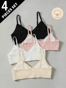 4pcs Girls' Bra Set, Traceable Cotton, Student Wear, Removable Cups, Black, White, Apricot, Pink Autumn Fall - Multicolor - View 3