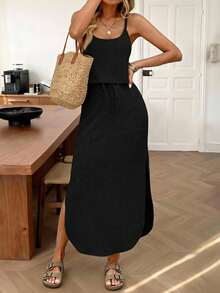 SHEIN LUNE Women's Casual Basic Ribbed Sleeveless Split Hem Drawstring Long Dress,Simple Spring/Summer Daily Outfit,Business Zanea Black Vacation Holiday Outfit - Black - View 1