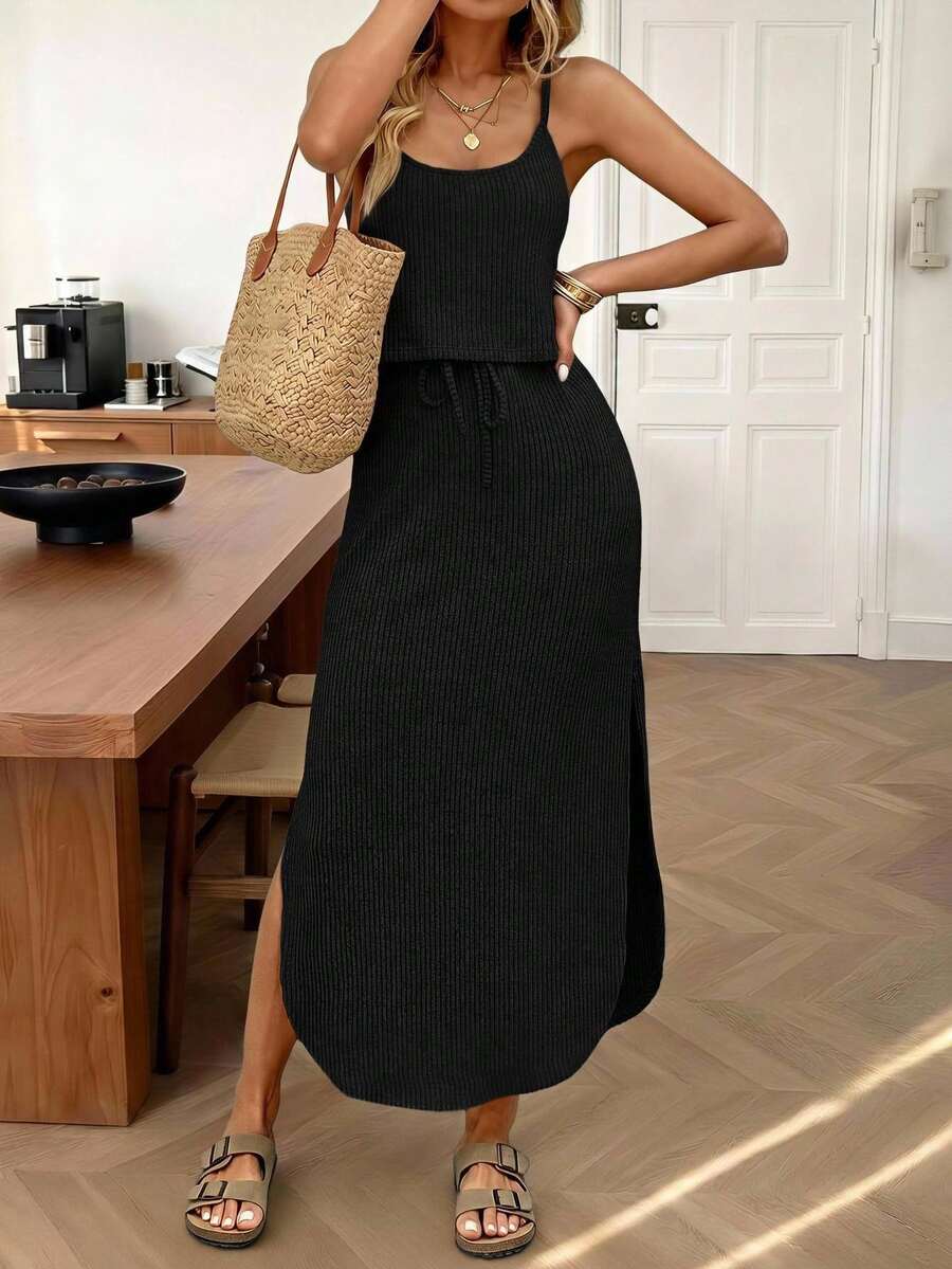 SHEIN LUNE Women's Casual Basic Ribbed Sleeveless Split Hem Drawstring Long Dress,Simple Spring/Summer Daily Outfit,Business Zanea Black Vacation Holiday Outfit - Black - View 1