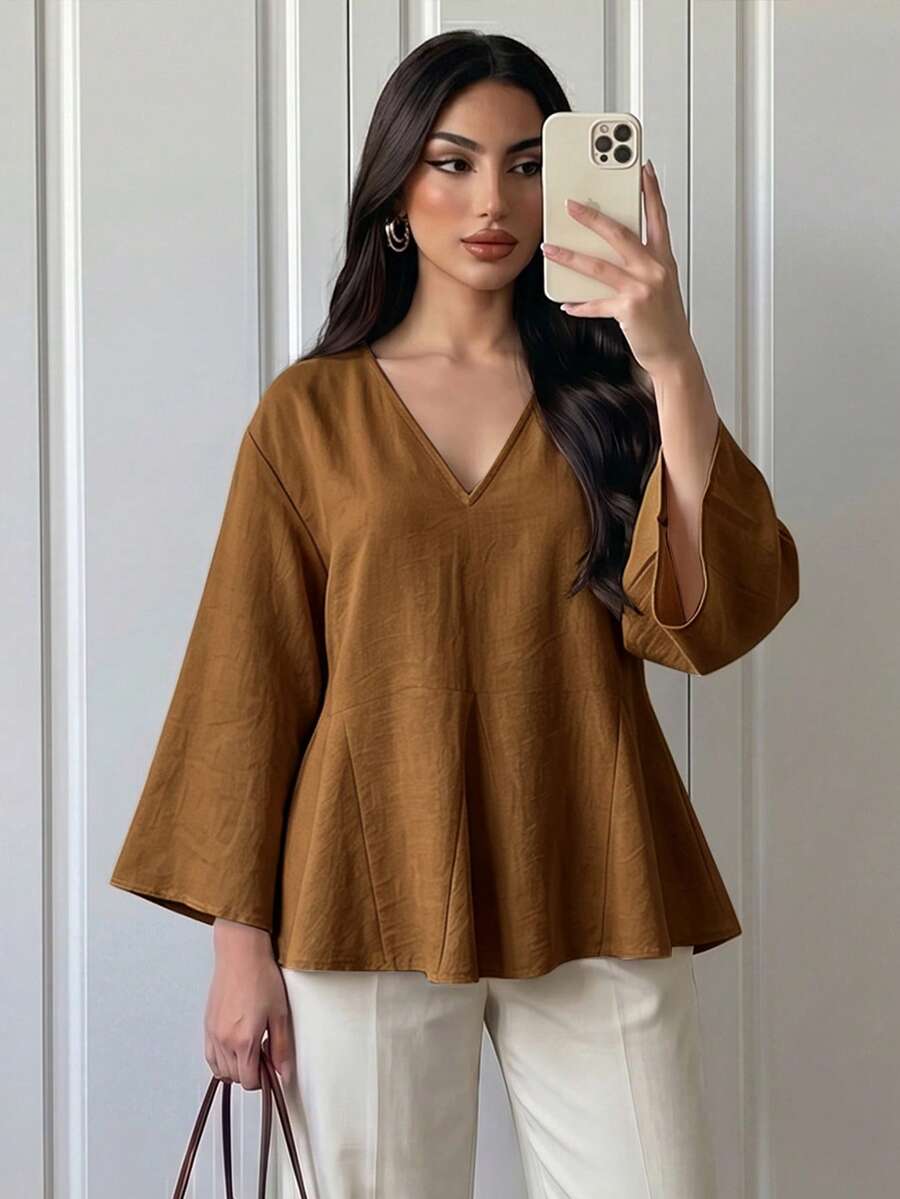 Elenzga Blusa casual versátil de unicolor con mangas acampanadas - Marrón Mocha - Ver 1