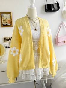 Soleia Women's Floral Pattern Casual Versatile Daily Wear Knit Cardigan,Going Out - Yellow - View 5