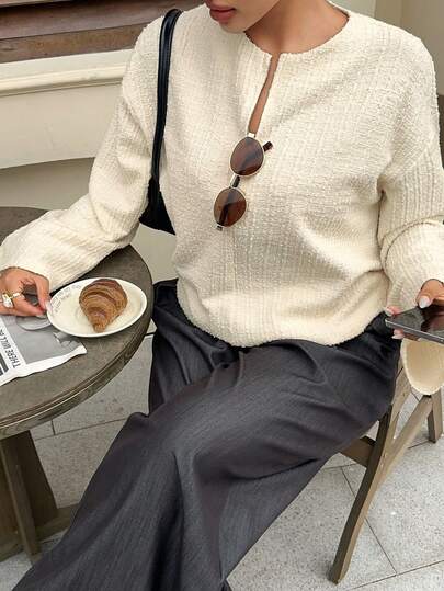 Dazy Plus Knitted Jacquard Fabric Loose Half-Zip Bell Sleeve Long Sleeve Spring Autumn T-Shirt