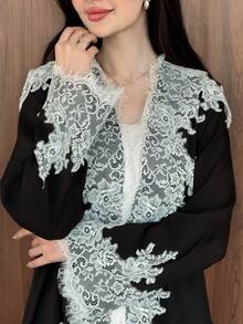Yasmeen Edit Yasmeen Edit Abaya Wanita Musim Semi & Gugur Hitam & Putih Kontras Renda 3D Longgar Terbuka Depan untuk Liburan - Hitam - View 6