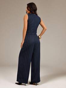 SHEIN PETITE Summer Fashion Commute Casual Striped Vest Pants 2 Pieces Set Business Work Navy Blue - Multicolor - View 2