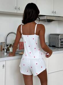 ZzzCrew Women's Heart Print Comfortable Ribbed Ruched Ruffle Bow Cami Pajama Set - White - View 2