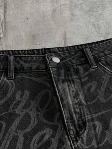 AXEPEAK Men's Washed Denim Shorts With Embroidered Craftsmanship, Fashion - Dark Grey - View 3