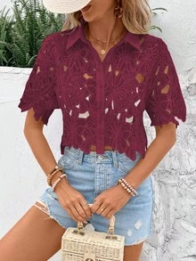 SHEIN Clasi 女款鏤空刺繡短袖單排扣時尚襯衫 - 紅色 - 查看 4