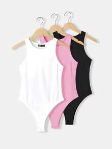 SHEIN BASICS 3件組女款無袖圓領純色修身針織連身衣 夏季居家休閒基本款 白色、淺粉色、黑色 - 粉色 - 查看 1