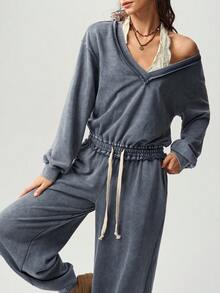 Bohemela Herbst Lässig einfarbiger gestrickter gewaschener lockerer Schnitt Damen Jumpsuit Reise Grau - Dunkelgrau - Übersicht 9