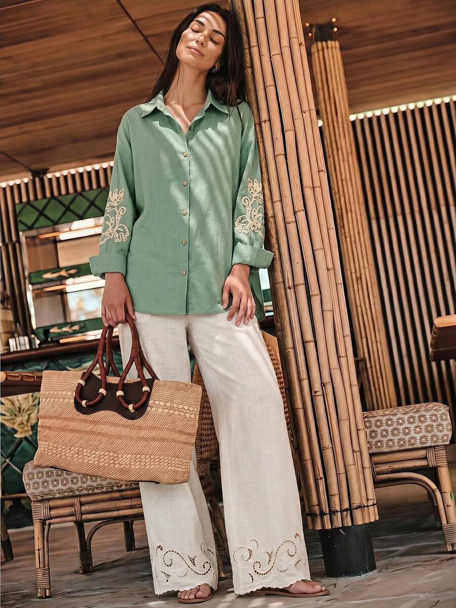 Anewsta Linen Blend Rose Print Vacation Shirt - Green - View 1