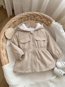 SHEIN Cute, Versatile, Solid-Color, Fleece-Lined Hooded Jacket For Baby Girls-Perfect For Fall And Winter. - Khaki - View 5