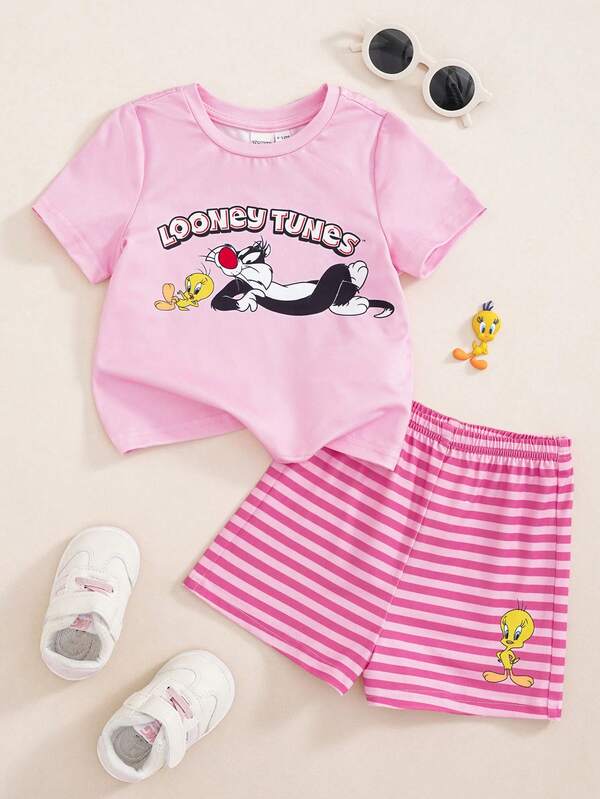 LOONEY TUNES X SHEIN Baby Girl Cartoon Print Round Neck Short Sleeve T-Shirt And Striped Shorts Set