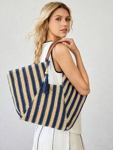 MOTF WOMEN'S FASHION BLUE STRIPED TOTE BAG, CASUAL VACATION WOVEN HANDBAG FOR VACATION, TRAVEL, SEASIDE, BEACH, BOHEMIA - Royal Blue - View 7