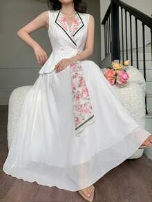 Modelyn Spring/Summer Commuter Day Party Elegant Elegant Floral Print Bow Tie Waist-Defining Slimming Blazer Sleeveless Set Pink Floral White - White - View 4