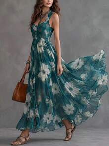 Solivie Women's Floral Print Pleated Casual Party Dress Summer Dress Beach Outfit For Women Vacation Outfits Women Elegant Dress - Green - View 5